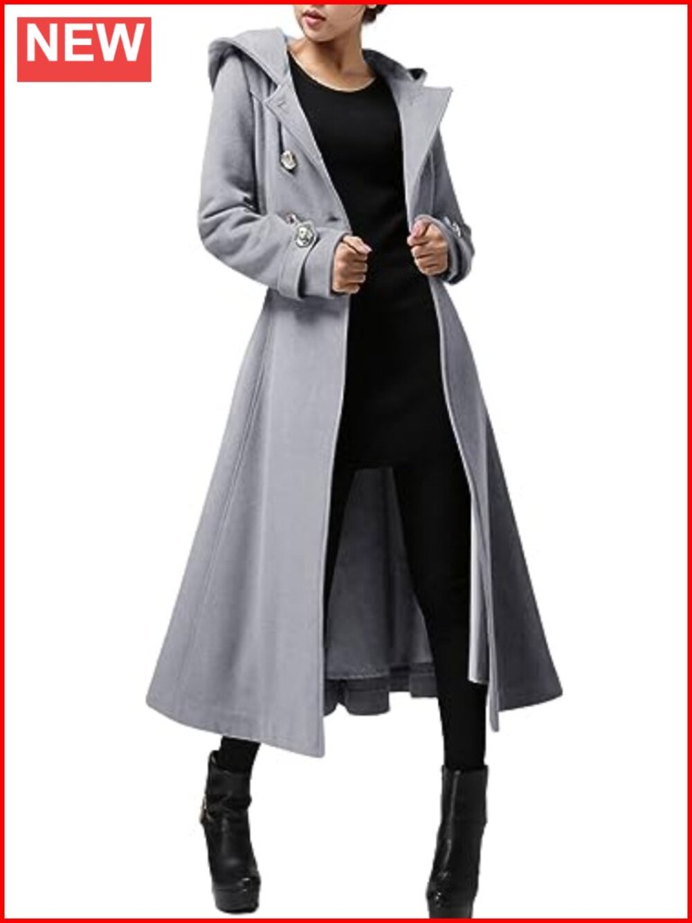 Women's Hooded Wool Blend Trench Coat Long Double-Breasted Winter